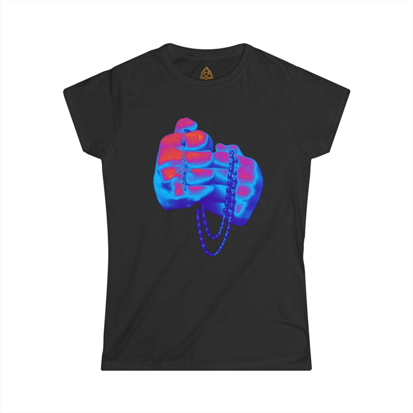 Holy Rosary Women's T-Shirt — Vibrant Neon Prayer Fist Graphic Tee