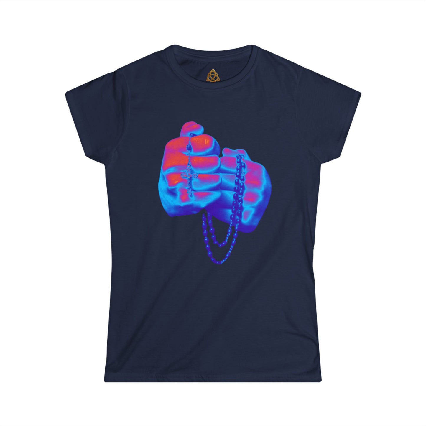 Holy Rosary Women's T-Shirt — Vibrant Neon Prayer Fist Graphic Tee